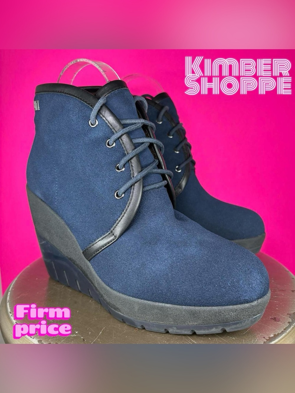 United Nude Lucy Blue Suede Faux Fur Lace-Up Wedge Platform Bootie EU 40 UK 7